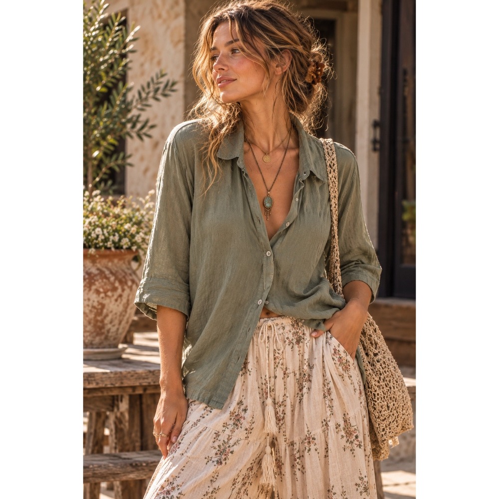 Banana Republic Womens Large 100% Linen Sage Green 3/4 Sleeve Button Down Shirt